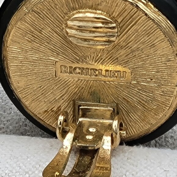 Richelieu Black Silver Star Moon Stone Clip On Earrings Gold Tone Back Vintage - Picture 5 of 8